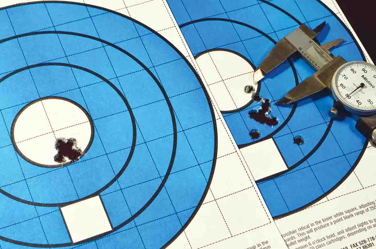 Two 10-shot groups. The one at left (.461 inch) was fired at 50 yards. The one at right was shot 100 yards. The caliper indicates the first five shots of the group. The ammunition was Federal Gold Medal Match with Sierra 168-grain MatchKing bullets.